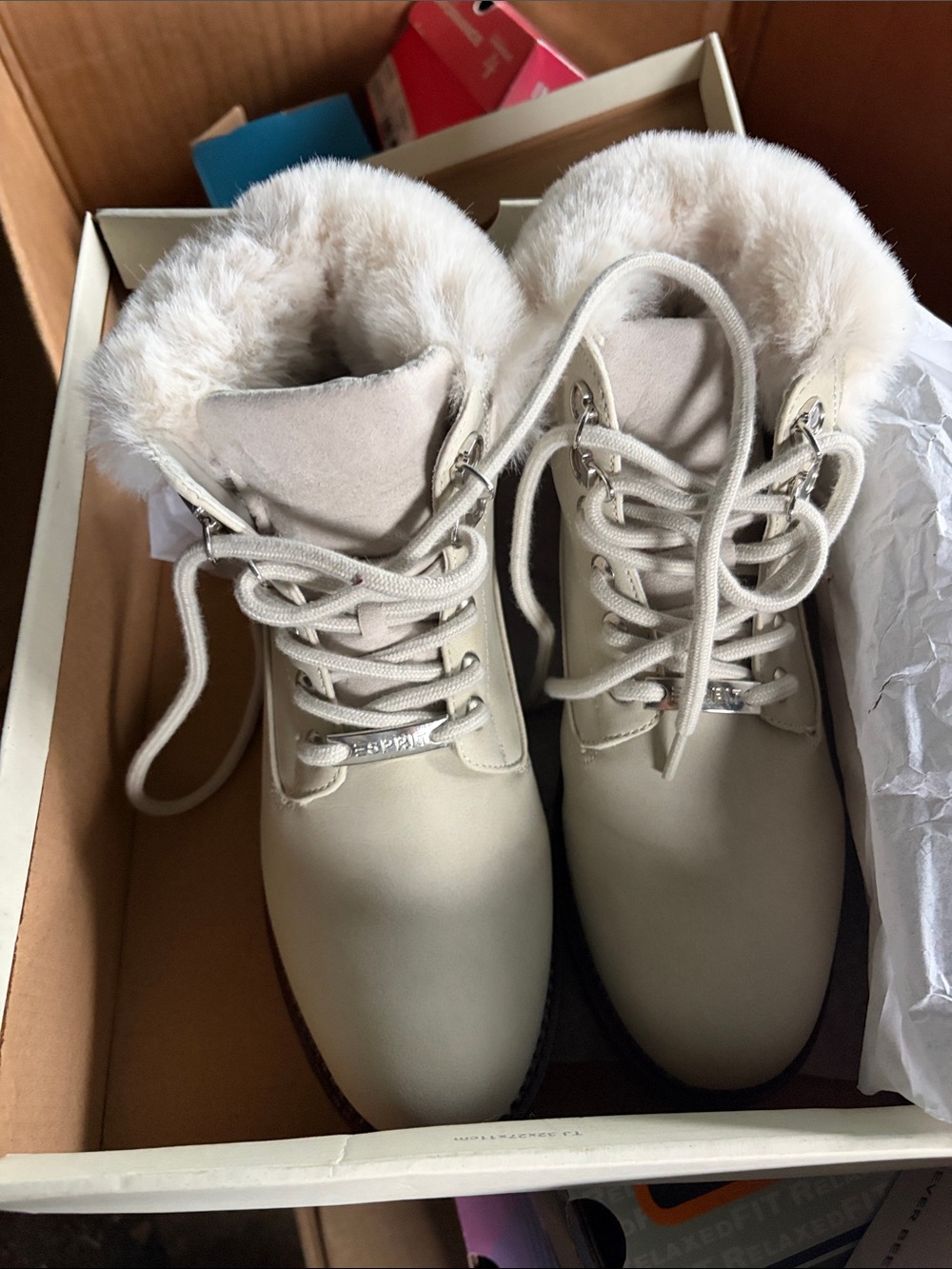 Esprit Cream Lace-Up Faux-Fur Ankle Boots